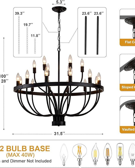 31.5 Inch Chandelier 18 Light Black Dining Room Light Fixture, Black Farmhouse Chandeliers for Dining Room, Large Chandelier Rustic Industrial Candle Chandeliers for Hallway, Entryway,Office,Bar