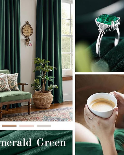 Lazzzy Velvet Blackout Curtains Thermal Insulated Room Window Drapes Super Soft Luxury Curtains for Living Room Bedroom Rod Pocket 2 Panels, Emerald Green, 42" W x 96" L