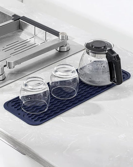 Silicone Dish Drying Mat for Multiple Usage,Easy clean,Eco-friendly,Heat-resistant Silicone Mat for Kitchen Counter,Sink,Bar,Bottle,or Cup Navy Blue M 17 inches x 6 inches