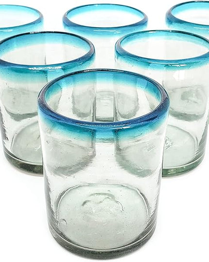 Aqua Blue Rim 10 oz Tumbler Glasses (set of 6) Mexican Handmade Glassware, Recycled Glass, Lead-free, Toxin-Free (Tumbler)