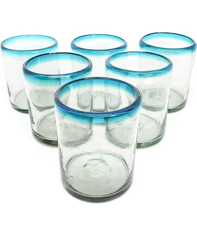 Aqua Blue Rim 10 oz Tumbler Glasses (set of 6) Mexican Handmade Glassware, Recycled Glass, Lead-free, Toxin-Free (Tumbler)