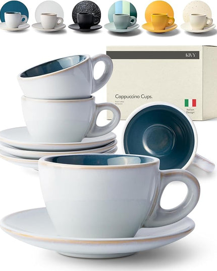 KIVY Cappuccino cups set of 4 [8oz] - Thick-walled stoneware cappuccino cup set for latte art - Latte mugs - Latte cups - Coffee mug - Latte art cup - Ceramic latte cup and saucer set of 4 - Blue