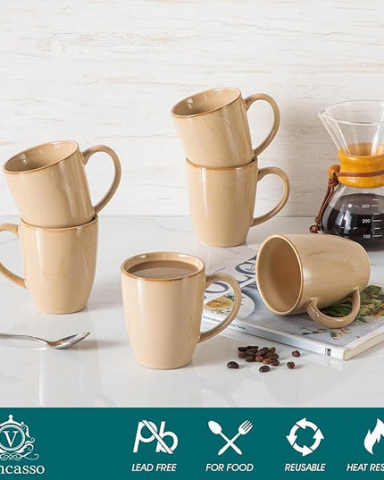 vancasso PLAYA Ceramic Coffee Mug Set of 6, 12 Oz Tea Cups with Handle for Latte, Tea, Cappuccino, Milk, Cocoa, Microwave&Dishwasher Safe, Brown