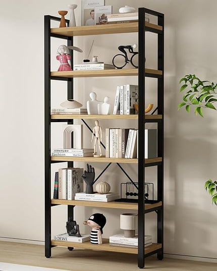 Real Solid Wood Rustic Vintage Industrial Etagere Bookshelf, Metal & Timber Free Vintage Bookcase, Retro Brown (Genuine Timber) (6-Tiers-RawWood)