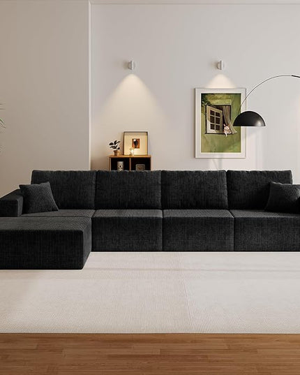 139" Boneless Cloud Sectional Couch for Living Room, Compressed Modular L-Shaped Sofa with Deep Seat, Frameless Corduroy Couch in Boxes, No Assembly Required 4-Seater (Left-Facing Chaise, Black)