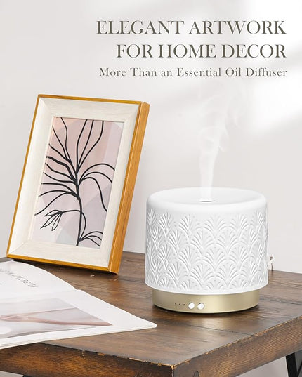 Ceramic Essential Oil Diffuser 280ml- Aromatherapy Diffuser with Ultrasonic Cool Mist Humidifier, Night Light, Timer, Auto Shut-Off, Large Room Aroma Diffuser for Home, Bedroom, Office, Yoga