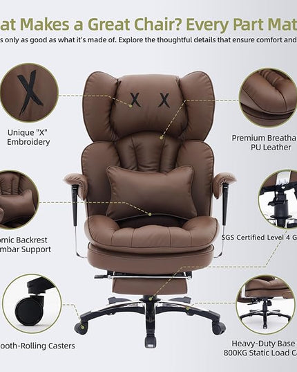 Efomao Big and Tall Office Chair with Footrest – High Back Computer Chair with Adjustable Armrests，Executive Office Chair with Wide Seat, Modern Desk Chair for Home Office, Gaming, or Study, Brown