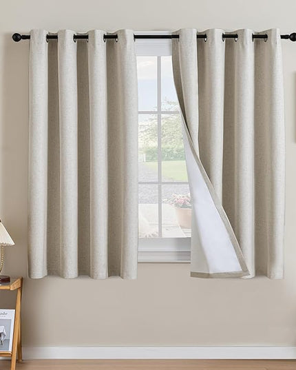 H.VERSAILTEX Linen Curtains 100% Blackout Curtains for Bedroom 54 inch Long Full Light Blocking Nature Linen Blended Window Curtains for Living Room Nickel Grommet (2 Panels, Heathered Linen)