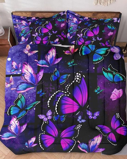 Comforter Set Queen Size with 2 Pillowcases, Summer Tropical Purple Butterfly 3 Pcs Bedding for Kids and Adults, Vintage Spring Galaxy Space Soft Comforter Set for Bedroom Bed Decor