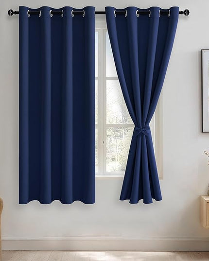 JIUZHEN Blackout Curtains with Tiebacks - Thermal Insulated, Light Blocking and Noise Reducing Grommet Curtain Drapes for Bedroom and Living Room, Set of 2 Panels, Navy Blue, 52 x 63 Inch Length