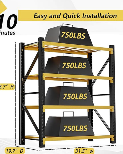 3000LBS Garage Shelving 32" W Garage Shelving Heavy Duty 4-Tier Metal Storage Shelves Adjustable Shelf Unit Storage Rack for Basement Supermarket Warehouse 32" W x 20" D x 78" H Yellow