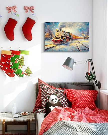 YONICA Christmas Wall Decor Christmas Canvas Wall Art Home Decorations 30x20 Inches - Christmas Train Pictures Charming Snow Scene Prints Winter Painting Xmas Artworks for Living Room Bedroom