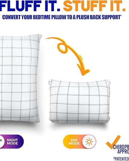 Fluff and Stuff Comfort Pillow | Queen Size Memory Foam Pillows, Chiropractor Designed and Approved 2-in-1 Back Support and Bed Pillows | Fully Adjustable Pillow (Checker, Queen (Pack of 1))