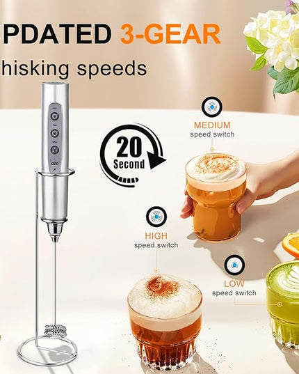 YUSWKO Silver Rechargeable Milk Frother for Coffee with Stand, Handheld Drink Mixer with 3 Heads 3 Speeds Electric Stirrers for Latte, Cappuccino, Hot Chocolate, Egg