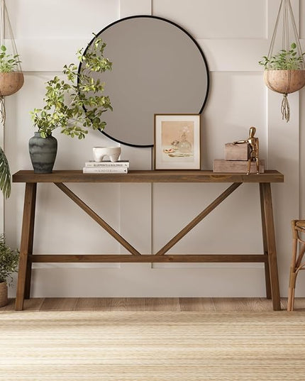 Wnutrees 63" Farmhouse Solid Wood Console Tables, Rustic Hallway Table, Solid Firwood Sofa Table for Entryway, Living Room, Easy Assembly, Natural