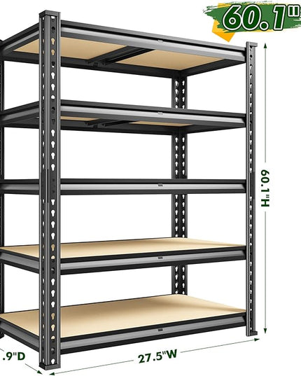 60.1" H Garage Storage Shelves 1990LBS Storage Shelves, 5 Tier Adjustable Metal Shelving, Garage Shelving for Storage, Basement, Warehouse, Pantry, Kitchen, 27.5" W x 11.9" D x 60.1" H, Black, 2 Pack