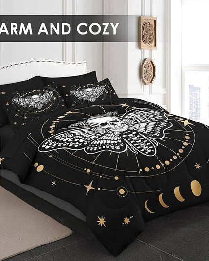 Comforter Set King Size, Moth Dead Sun Moon 7 Pcs Bedding for Adults, Animal Butterfly Bed Sheet Sets with Fitted Sheet 2 Pillowcases & 2 Shams for Bedroom Bed Decor