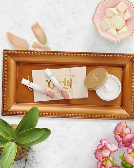 2 Pack Bronze Bathroom Vanity Tray for Countertop with Beads, Small Plastic Toilet Tank Versatile Storage Organization Tray for Makeup, Perfume, Desk, Kitchen, Candles, 14"x7"x1", 36GT