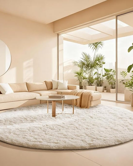 Ophanie Round Rugs 8Ft Ivory Circle Area Rug, Aesthetic Room Decor, Fluffy Fuzzy Bedroom Carpet, Plush Soft Shaggy Cream Living Room Rugs for Kids Home Decor, Nursery