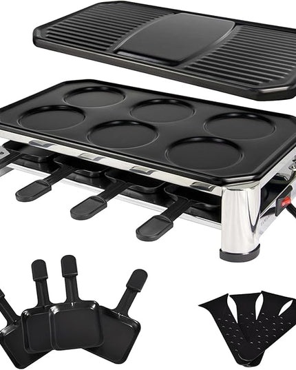 TAMARIT 8-Person Raclette Grill, Electric Party Griddle with Nonstick Grill and Crepe Plates, 8 Pans and Spatulas, 1500W (Indoor), Stainless Steel