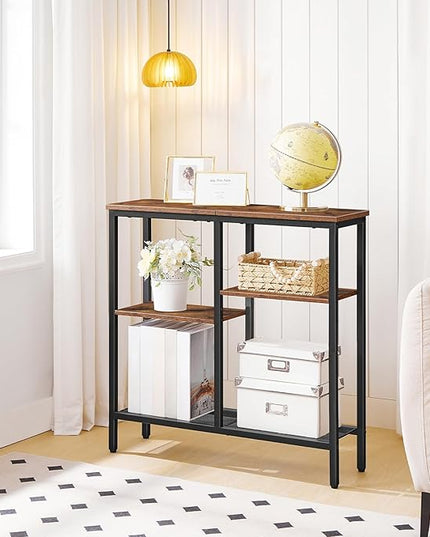 HOOBRO Narrow Console Table, Sofa Table, 4-Tier Industrial Entryway Table with Metal Mesh Shelf, Hallway Table with Adjustable Feet, for Entryway, Living Room, Hallway, Rustic Brown and Black BF79XG01