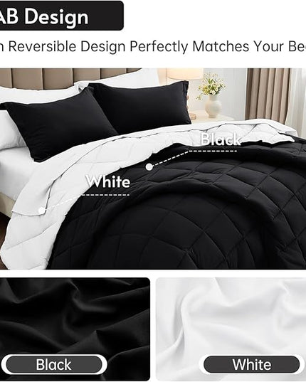 MUXHOMO 7 Pieces King Comforter Set, Reversible Bed in a Bag King Size, All Season Bedding Set with Comforter, Flat Sheet, Fitted Sheet, Pillowcases & Shams, Black & White