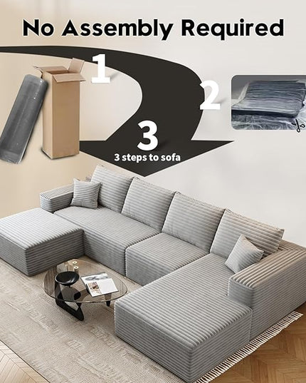 135.4" Cloud Modular Sectional Couch with 1 Ottoman,Modern Minimalist Upholstered Couches, Comfort U Shaped Sofa for Living Room,Deep Seat Corner Couch，No Assembly Required (Grey,Right Facing Chaise)