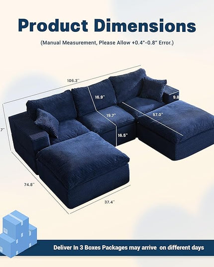 106.3” Sectional Couches for Living Room, Cloud Couch, Modular Sectional Sofa, Convertible Sofas Bed, Deep Seat Sofa, U Shaped Cozy Sofa Furniture Set, Corduroy, Blue