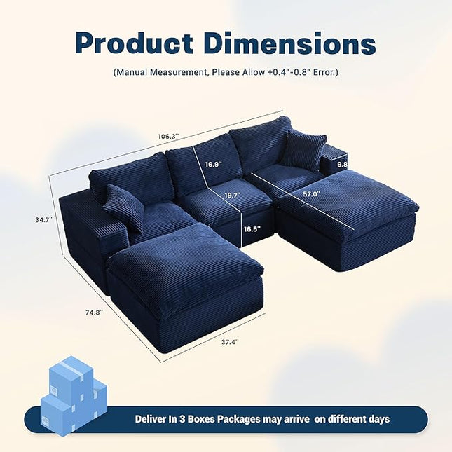 106.3” Sectional Couches for Living Room, Cloud Couch, Modular Sectional Sofa, Convertible Sofas Bed, Deep Seat Sofa, U Shaped Cozy Sofa Furniture Set, Corduroy, Blue