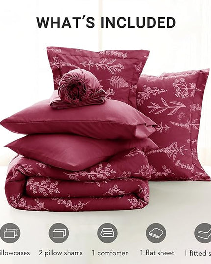 MUXHOMO Burgundy Full Comforter Set, Elegant Floral Print Bed in a Bag 7 Pieces, Ultra Soft & Breathable Reversible Botanical Pattern Bedding Set with Comforter, Sheets, Pillowcases, and Shams
