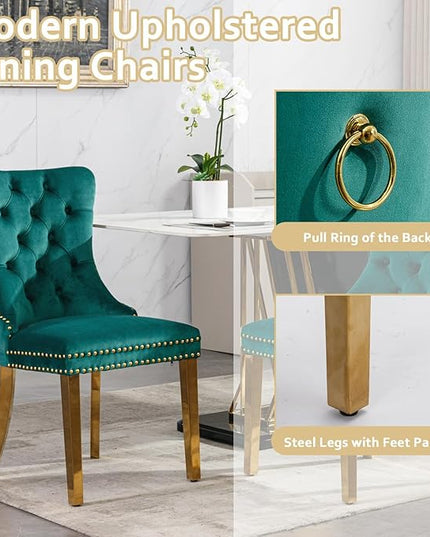 5-Piece Glass Dining Table Set w/4 Green Upholstered Dining Chairs, 70in Rectangular Large Kitchen Table Set for 4, Glass and Gold Dining Table and Chair Set for 4