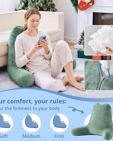 Sasttie 25-inch Reading Pillows for Sitting in Bed Adult, Jumbo Velvet Back Pillow Bed Sitting Up, XL High Back-Rest Support Cushion for Sit Up on Couch & Floor, Oeko-Tex Certified, Green