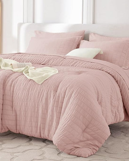 MUXHOMO 7 Pieces King Comforter Set, Seersucker Bed in a Bag King Size, All Season Luxury Bedding Set with Comforter, Flat Sheet, Fitted Sheet, Pillowcases & Shams, Rose Gold
