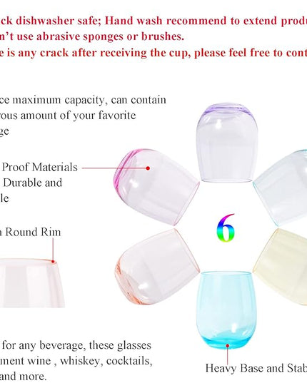 KOXIN-KARLU Classic 18-ounce Acrylic Stemless Wine Glasses, Unbreakable Mixed Drinkware Plastic Tumbler, set of 6 Mutlicolor