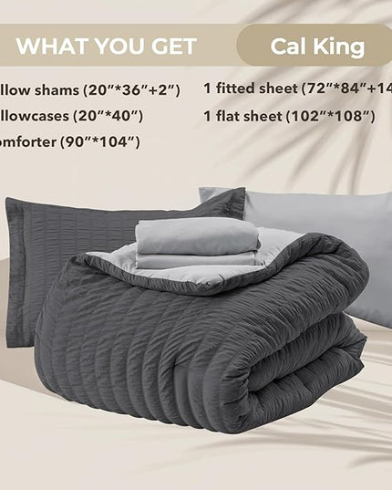 HYMOKEGE Dark Grey/Light Grey California King Comforter Set Seersucker 7 Pieces, All Season Luxury Bed in a Bag for Bedroom, Bedding Set with Comforter, Sheets, Pillowcases & Shams