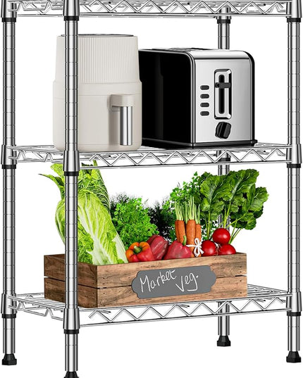 750 lbs 3 Tier Shelf Metal Storage Shelves Wire Rack Closet Organizers with PP Board for Garage Kitchen Bathroom Laundry Chrome 11.8" D x 21.7" W x 28.6" H