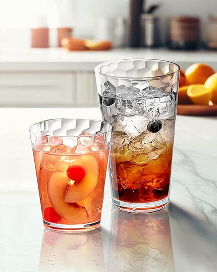Amazing Abby Iceberg 16-Ounce and 24-Ounce Tumblers (Set of 12), Clear Drinking Glasses, Reusable Plastic Cups, Stackable, BPA-Free, Shatter-Proof, Dishwasher-Safe