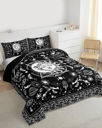 Sun and Moon Kids Comforter Set Queen Size,Starry Sky Galaxy Planets Trippy Bedding Set,Boys Girls Adults Room Decor,Paisley Boho Exotic Down Comforter,Black White Chic Duvet Insert,2 Pillowcases