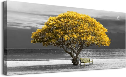 wall art for living room Decorations Photo Prints - panoramic black and white with yellow trees The moon scenery - Modern Home Decor The room Stretched and Framed Ready to Hang artwork 24X48inches