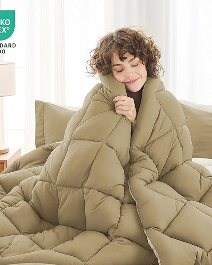 MUXHOMO 7 Pieces King Comforter Set, Reversible Bed in a Bag King Size, All Season Bedding Set with Comforter, Flat Sheet, Fitted Sheet, Pillowcases & Shams, Khaki & Linen