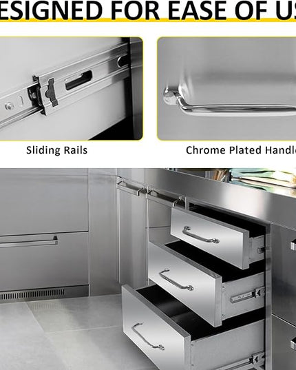 Outdoor Kitchen Drawers 20" W x 27" H x 23" D Flush Mount Triple BBQ Drawers with Chrome Handle Stainless Steel Drawer for Outdoor Kitchen Island, Patio Grill Station