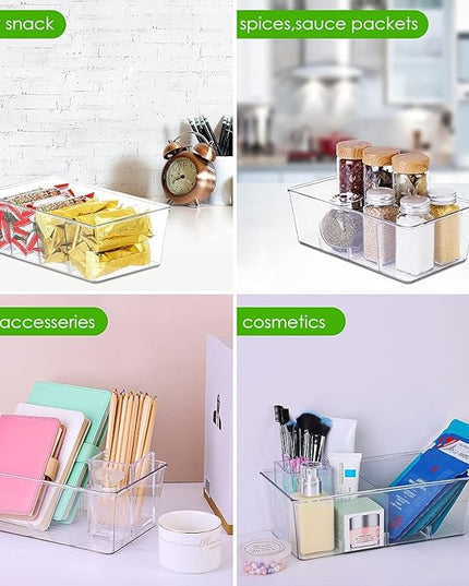 wilfox Pantry Organizer, 7 Pack Clear Bins with Removable Dividers, Pantry Organizers and Storage, Fridge and Cabinet Organizer for Snack, Pouches, Spice Packets