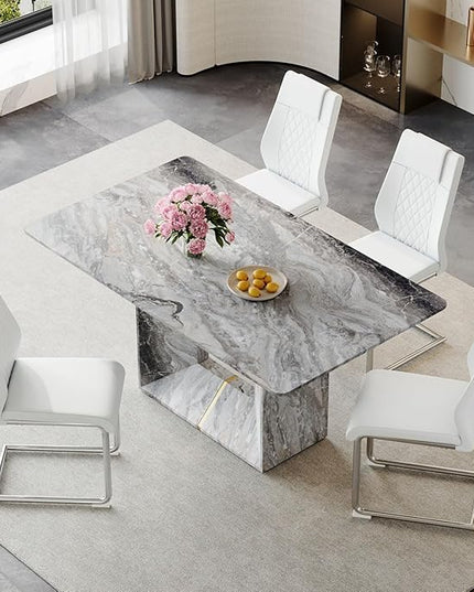 Dinner Table Set for 4, 5 Piece Dining Table Set with Chairs, 63" Faux Marble Modern Table with 4 PU Leather Upholstered Chairs, for Kitchen & Dining Room