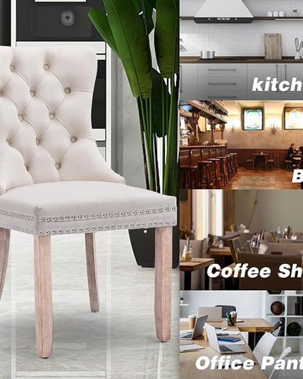 SoarFlash Velvet Dining Chairs Set of 2, Tall Back Side Chair, Modern Upholstered High-end Tufted Side Chair with Button Back Ring, Solid Wood Legs (Beige)