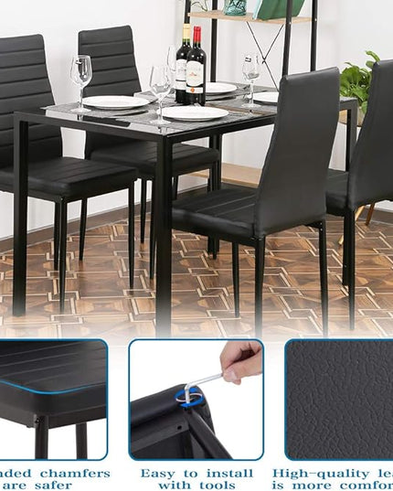 FDW | 5-Piece Dining Table Set | Black | Glass Kitchen Table with 4 Upholstered Chairs and Faux Leather Cushions | Space-Saving and Modern Design | for Dining Room, Easy to Assemble