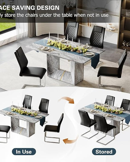 Dinner Table Set for 4, 5 Piece Dining Table Set with Chairs, 63" Faux Marble Modern Table with 4 PU Leather Upholstered Chairs, for Kitchen & Dining Room