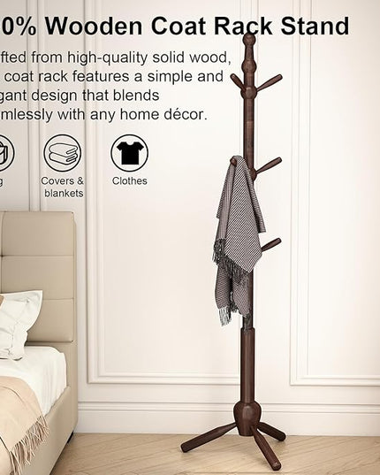 Solid Coat Rack Stand, Coat Rack Freestanding with 9 Hooks and Adjustable 3 Heights, Tree Coat Stand with Triangle Base for Entryway, Bedroom, Hallway, Wood Grain