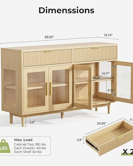 IRONCK 59'' Sideboard Buffet Cabinet with Drawers, Modern Kitchen Storage Cabinet with Adjustable Shelves and Tempered Glass Doors, Wood Coffee Bar for Kitchen, Living Room, Oak