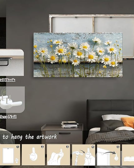 KZKU Rustic Daisy Canvas Wall Art-Large Floral Print on Weathered Blue Wood Background- Modern Farmhouse Decor for Living Room Bedroom 24X48in
