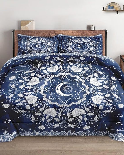 Comforter Set King Size, Astrology Sun Moon Soft 3 Pcs Bedding for Kids and Adults Blue Starry Flower Comforter Set with 2 Pillowcases for Bedroom Bed Decor